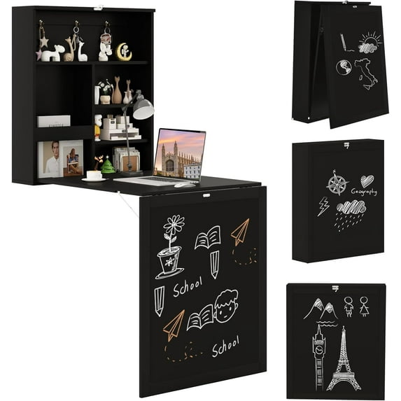 YEXJ Foldable Wall-Mounted Desk, Floating Desk with Chalkboard, Storage Shelves & Hooks, Space-Saving Murphy Table for Home Office, Bedroom, Dorm Room, Small Spaces,Black
