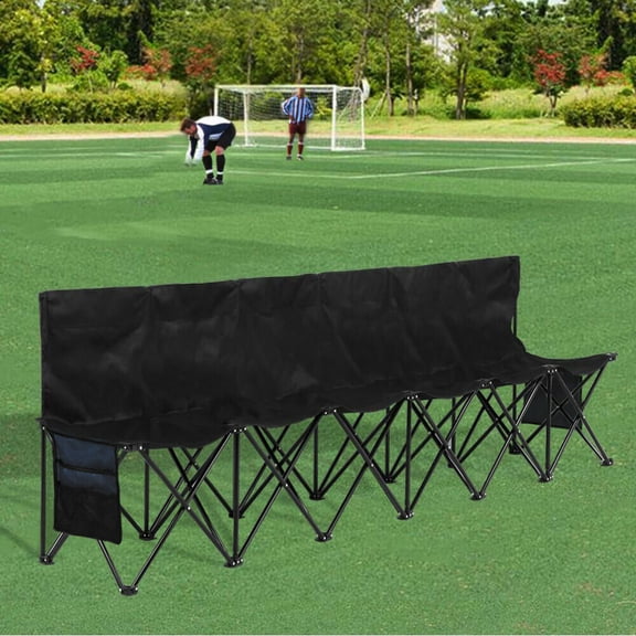 YEXJ Folding Chair Sports 6 Seat Sideline Portable Team Bench w/ Sidebag & Carry Bag,Black