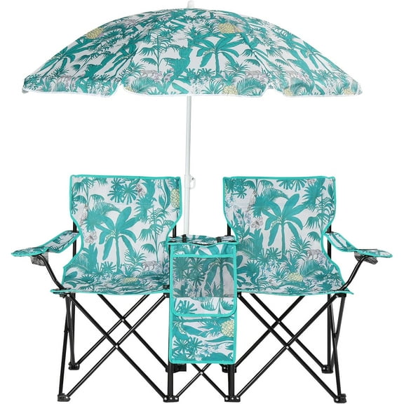 YEXJ Folding Double Camping Chair w/Umbrella Beverage Holder Carrying Bag Cooler Fold Up Table, Large Bearing Capacity for Beach Patio Pool Park Outdoor,Coconut Tree Pattern