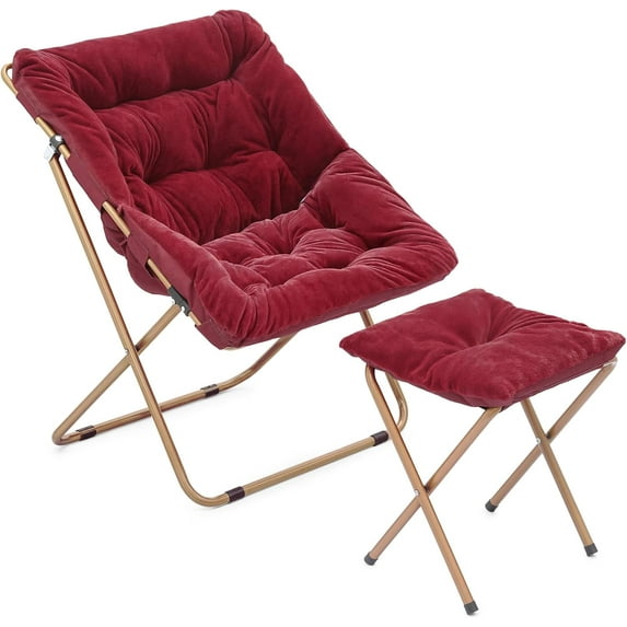 YEXJ Folding Saucer Chair with Ottoman for Adults Comfy Lounge Reading Seat Accent Chair Faux Fur Lazy Seating with Thick Padded Metal Frame for Bedroom Living Room-1 Pack w/ 1 Ottoman-Burgundy