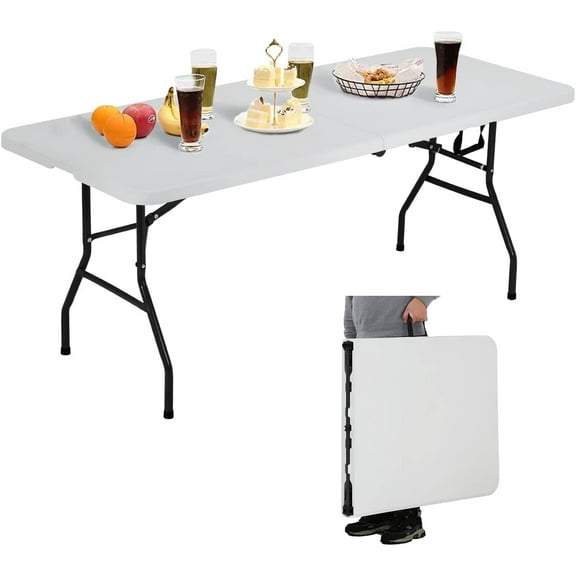 YEXJ Folding Table 6 Foot Portable Picnic Table Plastic Folding Table Adjustable Height Heavy Duty Fold in Half with Handle and Steel Legs for Indoor Outdoor Camping, Picnic and Party, White