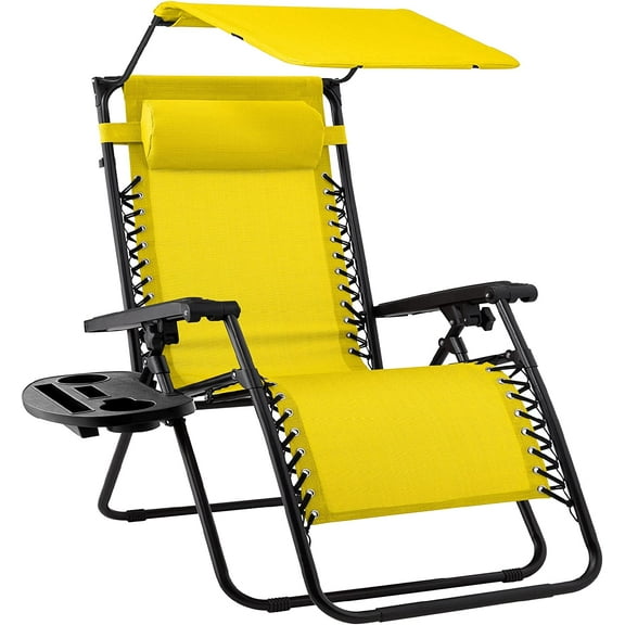 YEXJ Folding Zero Gravity Outdoor Recliner Patio Lounge Chair w/Adjustable Canopy Shade, Headrest, Side Accessory Tray, Textilene Mesh-Sunflower Yellow