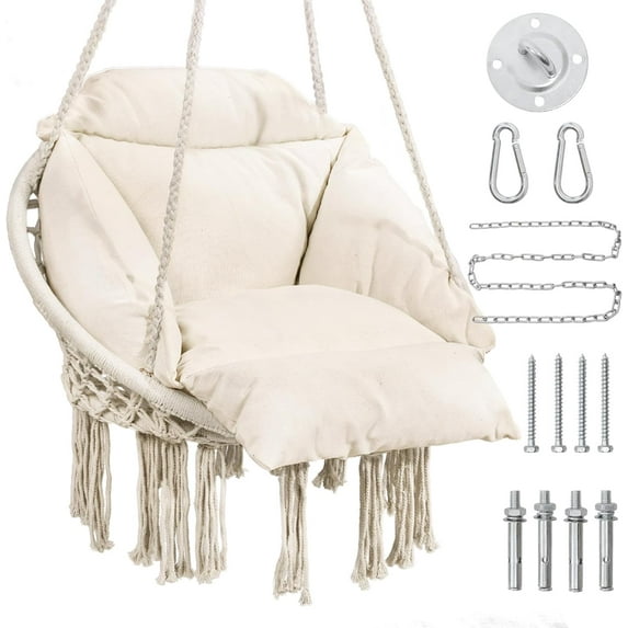 YEXJ Hammock Hanging Swinging Chair with Oversized Cushion, Perfect for Bedroom, Porch, Kids, Adults, Balcony-Ordinary Style2-beige