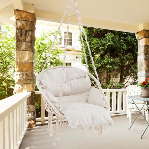YEXJ Hanging Chair Outdoor, Hammock Chair with Thick Cushion & Macrame, Hand-Woven Rope, Boho Swing Chair for Patio, Porch, Bedroom, Living Room, Holds up to 330 LBS, Hammock Swing, Beige