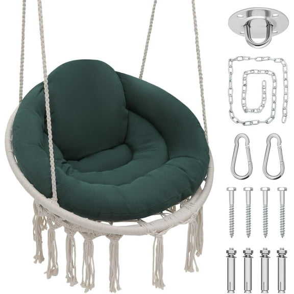 YEXJ Hanging Hammock Chair with Comfy Cushion Offer Extra Support, Macrame Swing Chair Porch Hanging Chair, 350 Lbs Capacity, Perfect for Backyard Beach Relaxation and Enjoyment (Green and White