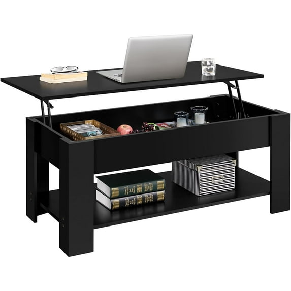 YEXJ Lift Top Coffee Table with Hidden Compartment and Storage Shelf, Rising Tabletop Dining Table for Living Room Reception Room, 47.5in L, Black