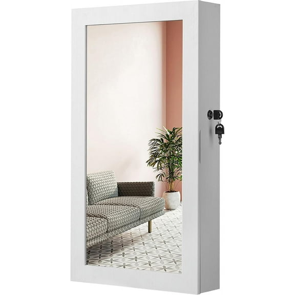 YEXJ Lockable Jewelry Cabinet Armoire with Mirror, Wall-Mounted Space Saving Jewelry Storage Organizer, White