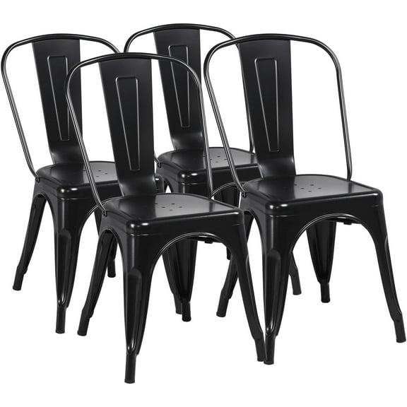 YEXJ Metal Dining Chairs Set of 4, Industrial Stackable Kitchen Chairs with Back for Dining Room/Restaurant/Bistro/Patio, Indoor & Outdoor Use-Steel Seat-Black