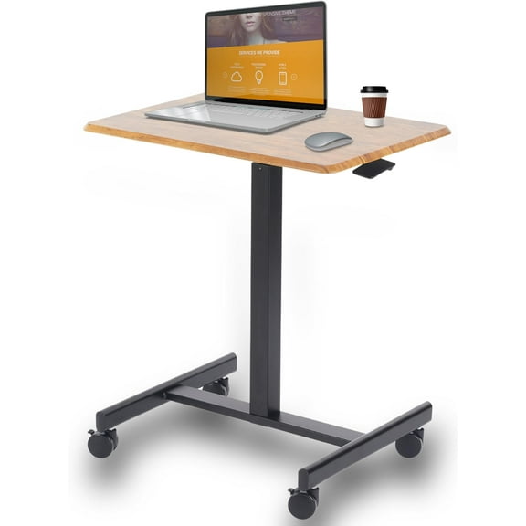 YEXJ Mobile Laptop Overbed Table Adjustable Height Small Rolling Sit Stand Desk, Teacher Podium with Wheels, 19" D x 25.7" W, Rust Brown