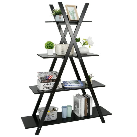 YEXJ  Modern Black A-Frame Bookcase - 4-Tier Ladder Shelf for Books Storage & Decorative Display