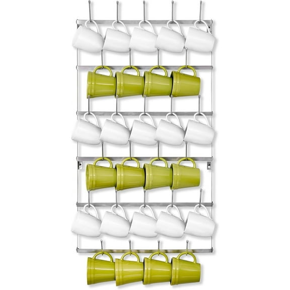 YEXJ Mug Rack for Wall - Large Rustic Coffee Mug Holder Wall Mount with 27 Hooks, Coffee Cup Display Rack, 6-Tier Metal Mug Organizer for Home, Kitchen & Bar, Coffee Station, Dining Room-Large-Silver