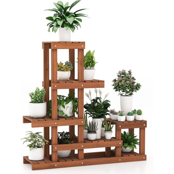 YEXJ Multi-layer Wood Plant Stand, Flower Shelf Rack, Indoor Outdoor Potted Plant Holder with High Low Structure, Slatted Platform, for Garden Balcony Patio Living Room (6 Tiers 10 Partitions)
