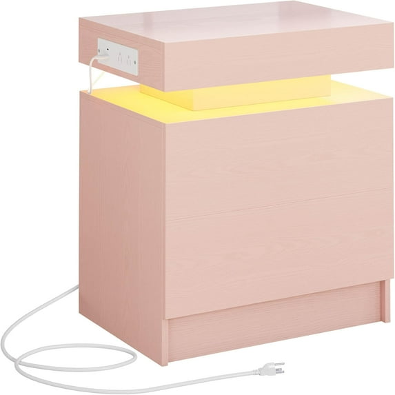 YEXJ Night Stand with Charging Station, Modern Nightstand with LED Light and Drawers, Bedside Tables/End Table for Bedroom-1-Pink
