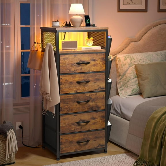 YEXJ Nightstand with Charging Station, Tall Night Stand with 5 Dresser Drawers, LED Nightstands with USB Ports & Outlets, Night Stands with Side Bag, Side Table with Storage Shelf, Bedroom, Brown