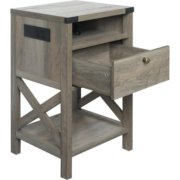 YEXJ Nightstand with Charging Station, Modern End Table with Drawer, Bedside Table with Open Storage-Washed Oak