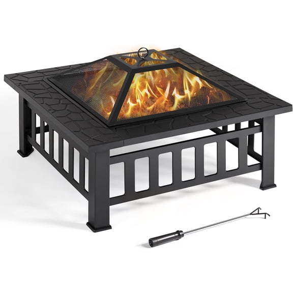 YEXJ Outdoor Fire Pit Wood Burning 32in Multifunctional Firepits Table Patio Stove with Waterproof Cover, Spark Screen, Poker, Large Square Fire Pits for Outside Garden Camping