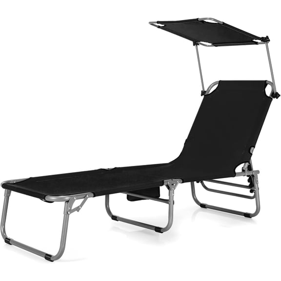 YEXJ Outdoor Folding Chaise Lounge Chair, 5-Fold Reclining Beach Chair, Patio Recliner Chair w/ 360° Canopy Shade & Side Storage Pocket, Portable Chaise Lounge for Beach, Sunbathing (1, Black)