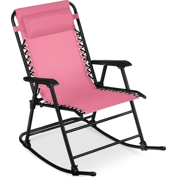 YEXJ Outdoor Folding Rocking Chair, Zero Gravity Lounge Chair, Patio Rocker w/Headrest Pillow-Pink