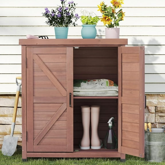 YEXJ Outdoor Potting Bench with Storage Cabinet and Metal Top, Wood Workstation for Outdoor Patio, Garden-31x17x36‘’-Coffee Brown