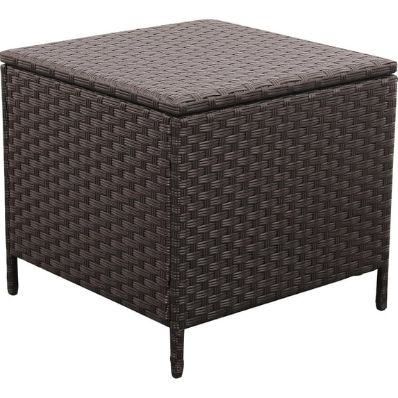 YEXJ Outdoor Wicker Storage Side Table, Patio Brown PE Rattan End Table with Storage, Square Container for Furniture Covers, Toys, and Gardening Tools