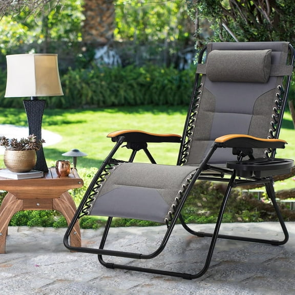 YEXJ Oversized XXL Padded Zero Gravity Lounge Chair 30" Wide Seat Anti Gravity Lawn Chair Foldable Recliner Outdoor Camp Chair for Poolside Backyard Beach, Support 400lbs-Light Grey