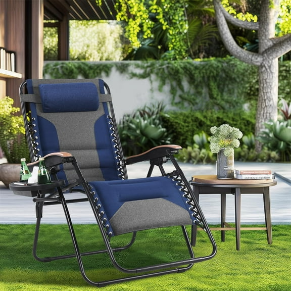 YEXJ Oversized XXL Padded Zero Gravity Lounge Chair 30" Wide Seat Anti Gravity Lawn Chair Foldable Recliner Outdoor Camp Chair for Poolside Backyard Beach, Support 400lbs, Blue & Grey