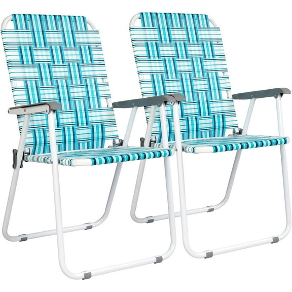YEXJ Patio Lawn Webbed Folding Chairs Set of 2, Outdoor Beach Chair Portable Dining Chair for Outdoor Yard, Garden (White & Blue, Classic)