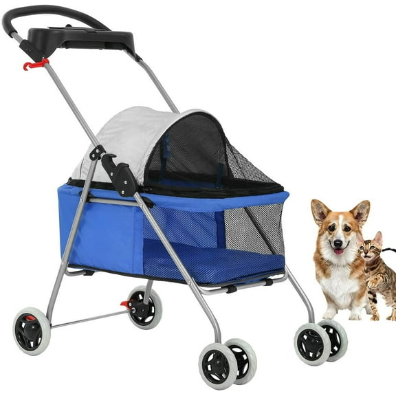 YEXJ Pet Stroller 4 Wheels Posh Folding Waterproof Portable Travel Cat Dog Stroller,Blue