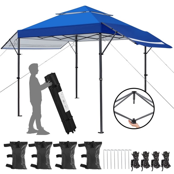 YEXJ Pop-up Canopy Tent w/ Side Awnings, 10x17 Height-Adjustable One-handed Set-up,Blue