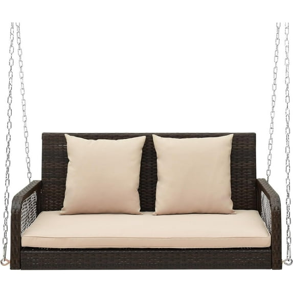 YEXJ Porch Swing Outdoor 2-Person Hanging Bench Chair with Seat & Back Cushions, Heavy-Duty Metal Structure & 2 Hanging Chains, Wicker Rattan Woven Loveseat Swing for Front Porch Backyard-Beige