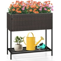 YEXJ Raised Garden Bed, Rattan Planter Raised Bed with Legs, Bottom Storage Shelf, Removable Liner, Drainage System, Wicker Elevated Planter Box w/Legs for Vegetables Flowers (28” x12” x 28”)