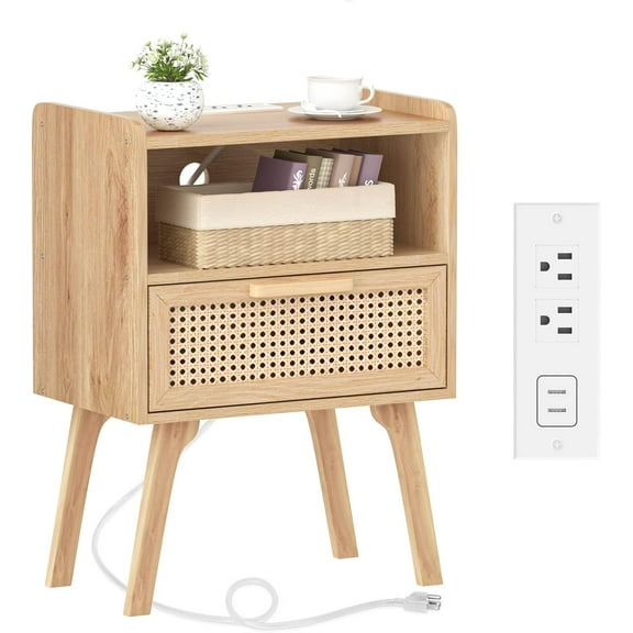 YEXJ Rattan Nightstand with Charging Station, Boho Night Stand with Handmade Natural Rattan Drawer and Open Shelf, Cane Accent Side End Tables with Solid Wood Legs for Bedroom, Dorm, Small Spaces