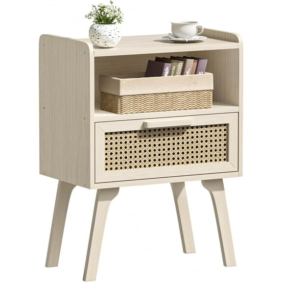 YEXJ Rattan Nightstand, Side Table with Drawer Open Shelf, Cane Accent Bedside End Table with Solid Wood Legs, Mid Century Modern Night Stand for Bedroom, Dorm and Small Spaces (Grey White)