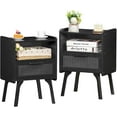 thumbnail image 1 of YEXJ Rattan Nightstands Set of 2, Side Table with Drawer Open Shelf, Cane Accent Bedside End Table, Mid Century Modern Night Stand for Bedroom, Dorm and Small Spaces-2-Black, 1 of 15