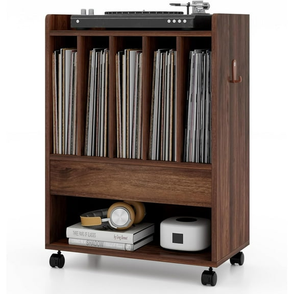 YEXJ Record Player Table on Wheels, Turntable Stand with Pull-Out Drawer & Open Shelf, Rolling Storage Cabinet, Vinyl Record Display Rack Holds Up to 180 Albums, for Living Room Bedroom Study-Brown