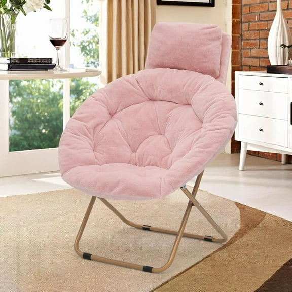 YEXJ Round Comfy Saucer Chair with Headrest Large Cozy, Metal Frame Cozy Lounge Lazy Chair Folding Faux Fur Saucer Chair for Adults, Foldable Papasan Moon Chair-Light Pink