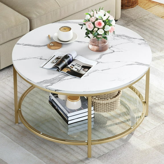 YEXJ Round Modern Coffee Table - Faux Marble Top & Tempered Glass Shelf, Sturdy Metal Frame, for Living Room Center Decor