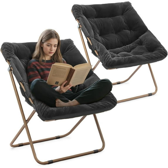 YEXJ Saucer Chair for Adult, Square Comfy Cozy Chair Folding Chair Faux Fur Metal Frame Foldable Reading Chair Accent Chair for Bed Room Living Room Set of 2-Black