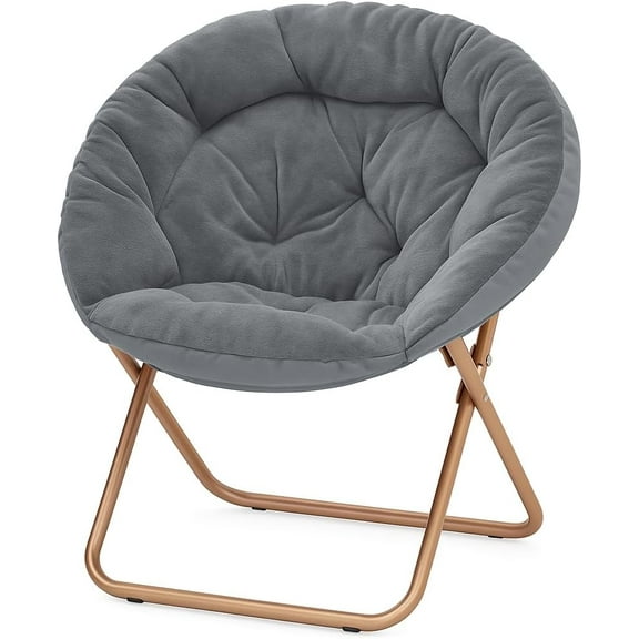 YEXJ Saucer Chair for Teens Adults, Oversized Folding Cozy Moon Chair with Gold Metal Frame, Furry Faux Fur Comfy Lazy Seat for Bedroom, Living Room, Dorm Room, Apartment (Grey)