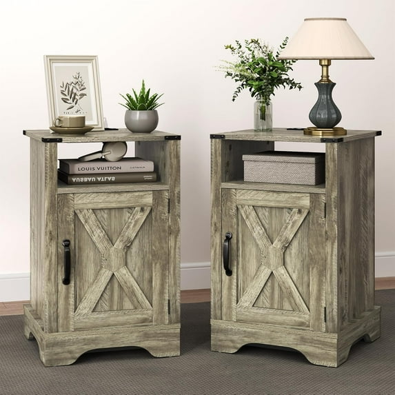 YEXJ Set of 1 Farmhouse Nightstand, Grey End Table with Charging Station, Tall Bedside Table with Large Storage Room and Shelf, Wooden Rustic Side Table for Bedroom, Home Office, Light Grey