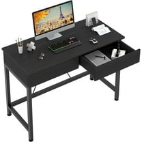 YEXJ Small Computer Desk with Drawers, 39.4 Inch Home Office Desks with Storage, Simple Modern Kids Desk, Vanity Desk for Bedroom, Work Study Writing Desk Table for Small Spaces (Black, Wooden)