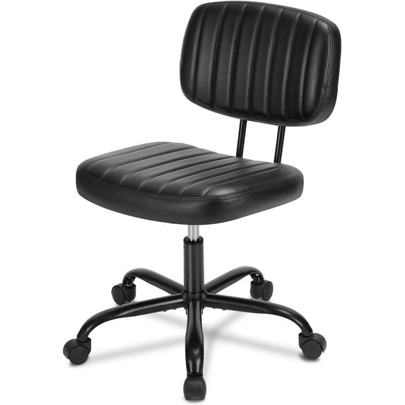 YEXJ Small Desk Armless Home Office PU Leather Computer Vanity Rolling Swivel Task Cute Chair with Lumbar Support and Wheels, Black