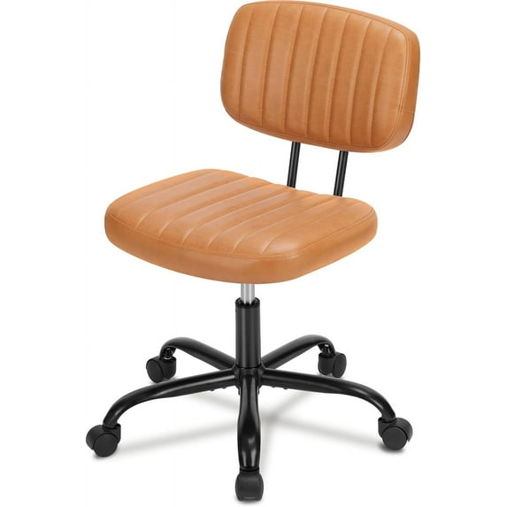 YEXJ Small Desk Armless Home Office PU Leather Computer Vanity Rolling Swivel Task Cute Chair with Lumbar Support and Wheels, Dark Brown