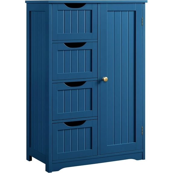 YEXJ Wood Free-Standing Cabinet Bathroom Storage Floor Cabinet Unit Hallway Table with 4 Drawers and Adjustable Shelves Cupboard for Bathroom/Kitchen/Entrway, 22 x 12 x 32.5 In (LxWxH), Navy Blue