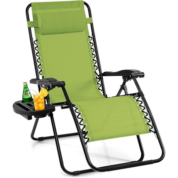 YEXJ Zero Gravity Reclining Chair, Outdoor Patio Recliner with Cup Holder & Removable Pillow, Adjustable Backrest, Indoor Lounge Chair for Backyard, Garden, Poolside-1-Green