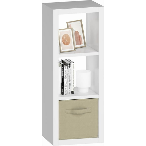 YEXJ furtble 3 Cube Storage Organizer Shelf with Bins, White 3 Tier Bookcase with Fabric Storage Bins, Morden Bookshelf for Bedroom, Living Room, 11.5" D x 11.5" W x 37.67" H-3 cube-White
