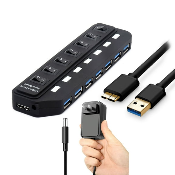 YEY 7-Port Powered USB Hub 3.0, USB Data Hub Adapter with Smart Charging Port and Individual Switches and 5V/2A Power Adapter USB Extension for MacBook