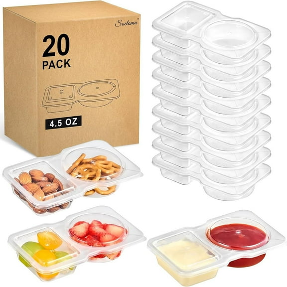 YEYIXUK 50 Count Double Compartment Condiment Containers with Lids, Reusable Small Plastic Snack Containers for Meal Dips.
