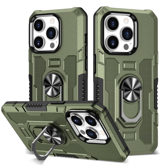 YEYKX Case for iPhone 15 Pro Max, Ring Holder Kickstand Anti-Fingerprint Non-slip Anti-Drop Heavy Duty Defender Rugged Case Cover for iPhone 15 Pro Max Phone 6.7 inches,Green,For iPhone 15 Pro Max