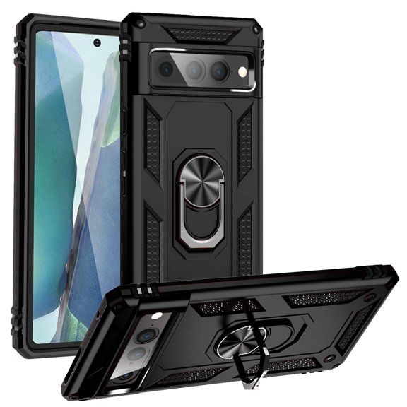 YEYKX for Google Pixel 7 Pro 6.4-inch Phone Case, Impact Resistant Metal Ring Magnetic Support Kickstand Drop Protector Cover for Google Pixel 7 Pro 6.4-inch,Black,For Google Pixel 7 Pro